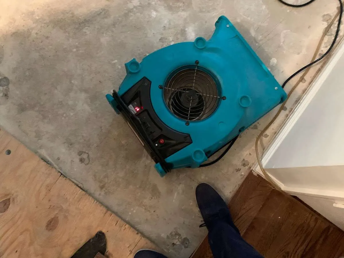 Air mover drying subfloor during Commercial Water Damage Restoration in LaGrange